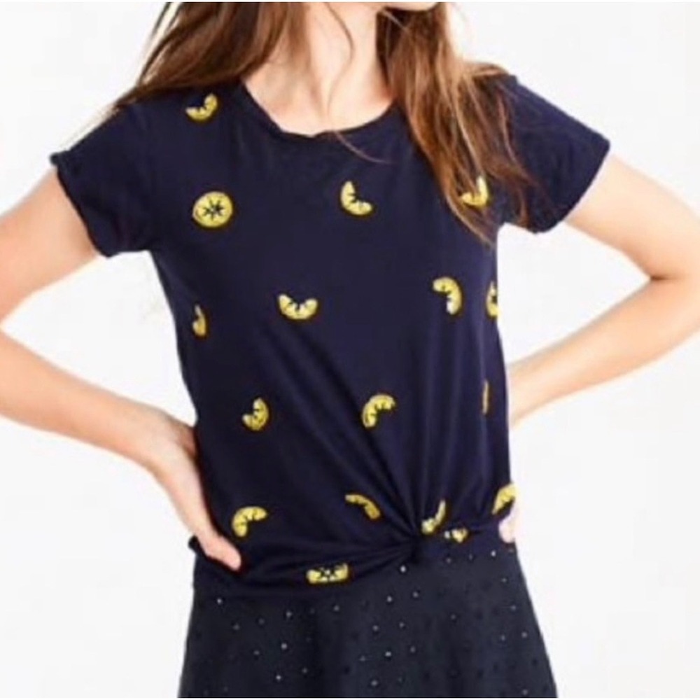 J.Crew‎ Lemon Sequin T-Shirt Women S Navy Blue Fruitcore Beaded Cotton Tee